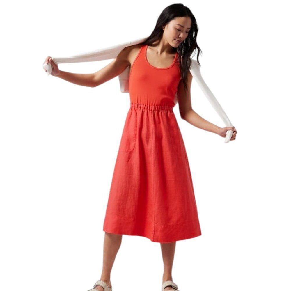 NWT Athleta Travel A-Line Sleeveless Passionfruit Coral Baja Midi Linen Dress XL